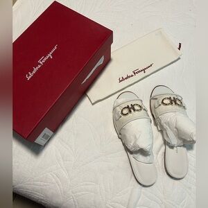 Salvatore Ferragamo White Slide Sandals with Silver Emblem